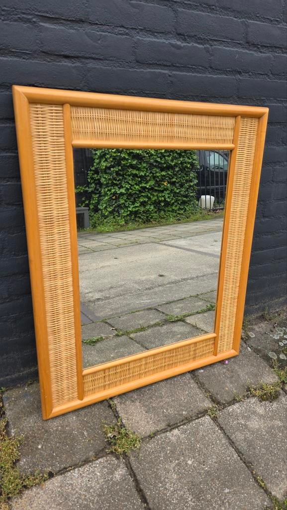 mooie grote vintage  rotan spiegel van Roberti Rattan  Italy, Ophalen, Gebruikt, Rechthoekig