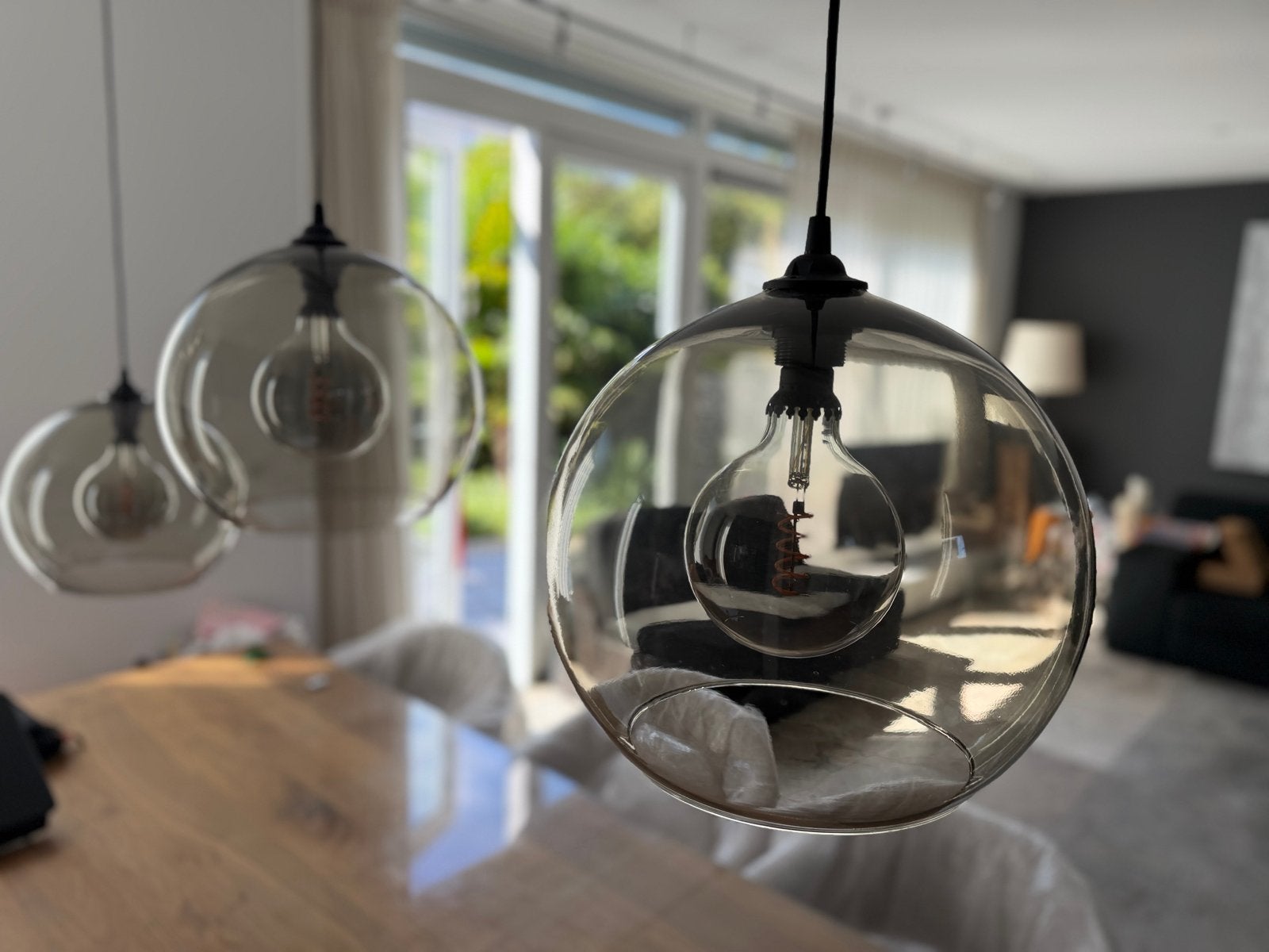 Moderne hanglampen met glazen bollen - set van 3, Ophalen, Zo goed als nieuw, Glas, E27 (groot)