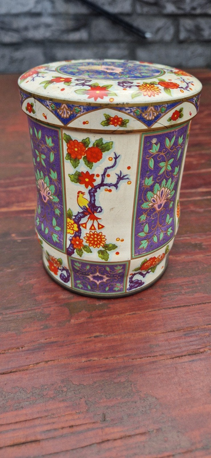 Vintage blikken trommel met vogel- en bloemmotief, Verzamelen, Ophalen of Verzenden, Gebruikt, Koek(jes), Overige merken