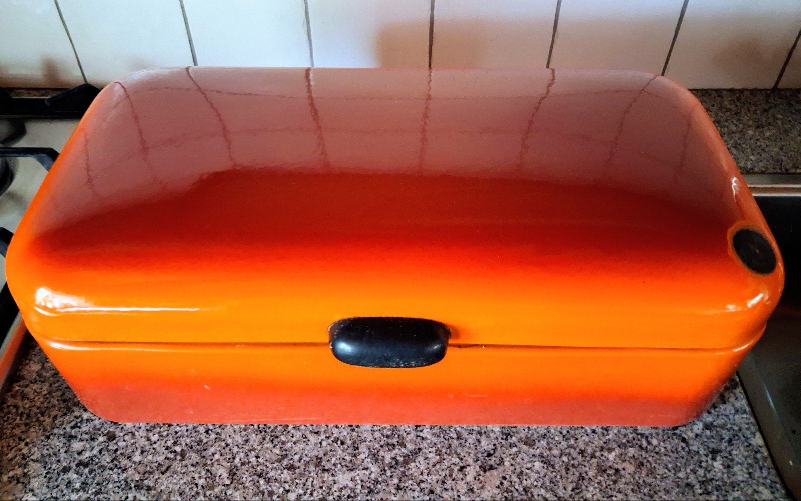 Vintage Broodtrommel Oranje Emaille, Ophalen of Verzenden