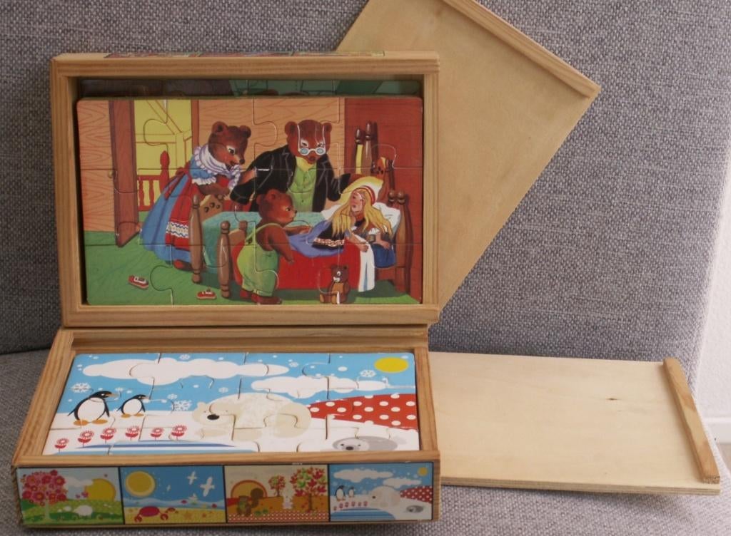 10 Houten lagenpuzzels ,meerdere puzzels in houten kistje, Ophalen of Verzenden