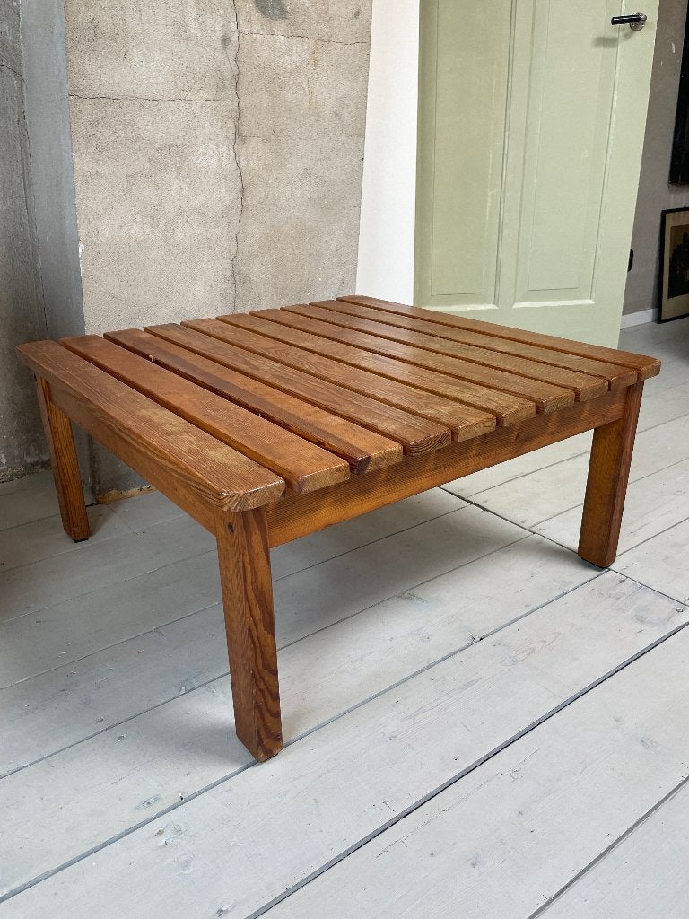 hout bijzettafel salontafel latten tafel vintage vierkant, Ophalen, Gebruikt, 50 tot 100 cm, Vierkant