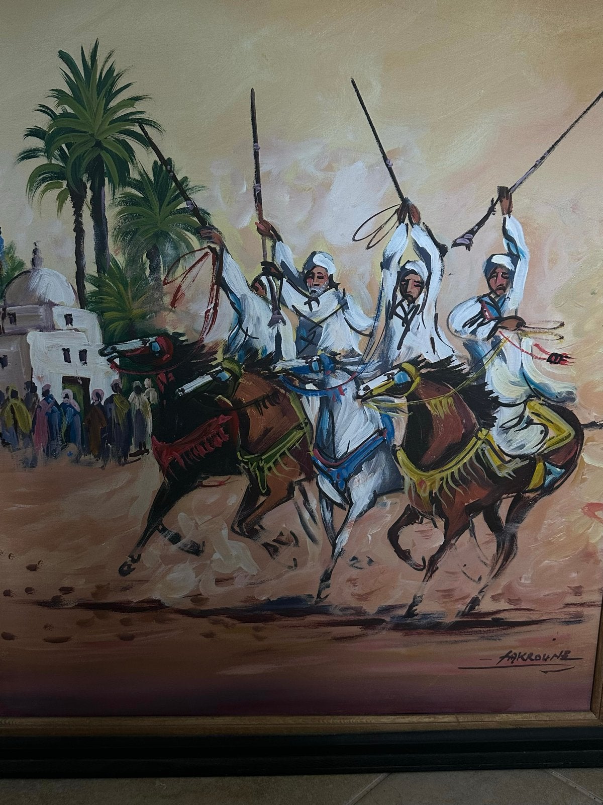 Schilderij Marokkaanse ruiters op paarden - Olieverf, Doek, Portret of Personen, Realistisch, Ophalen of Verzenden