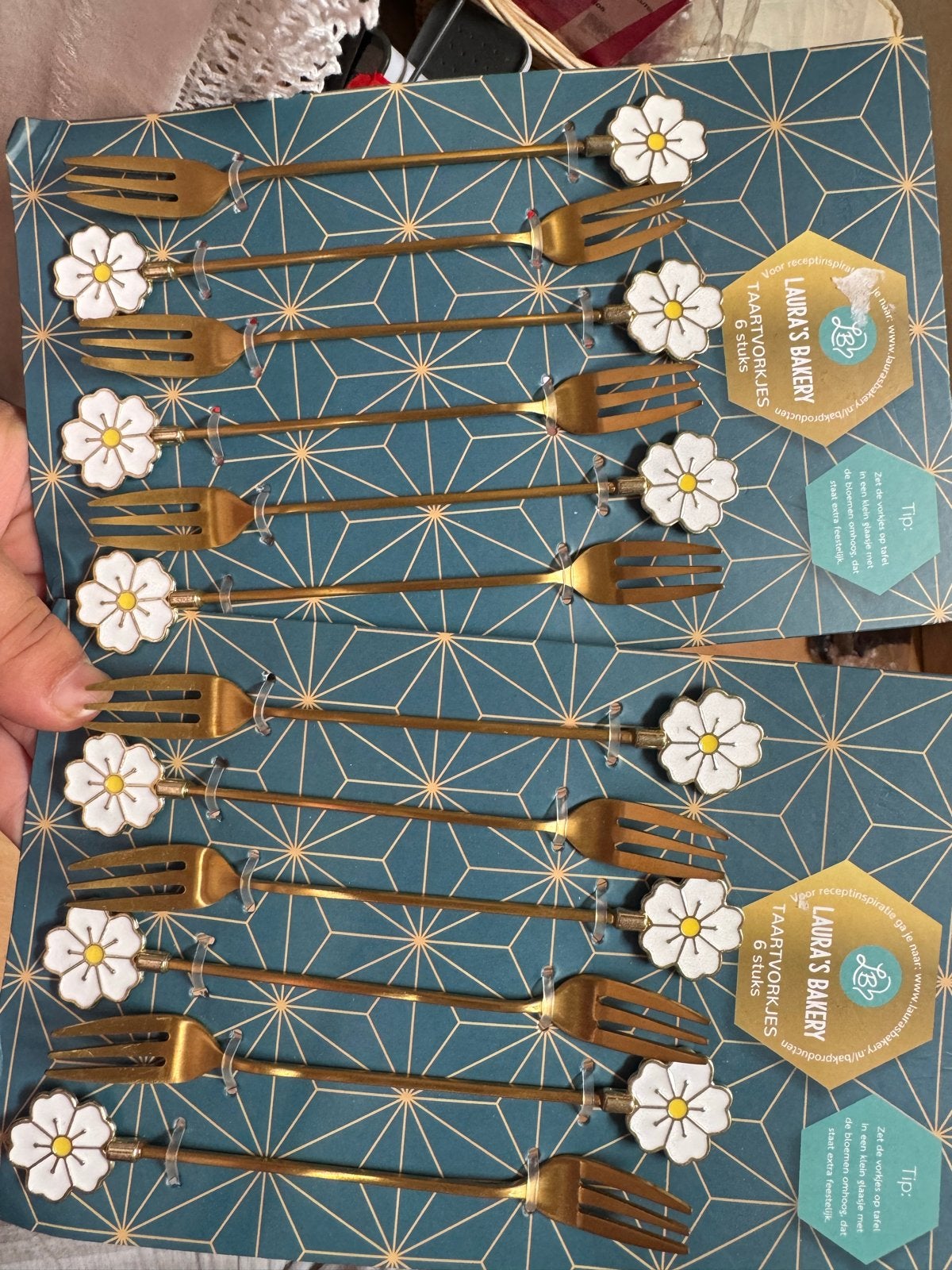 Laura's Bakery Taartvorkjes - 2x Set van 6 met Bloemetjes, Ophalen, Overige typen, Goud, Nieuw
