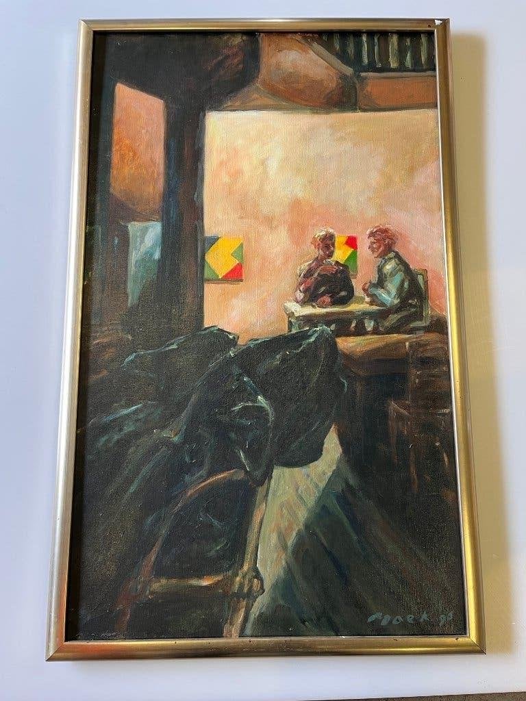 groot oud gesigneerd schilderij Moek '96, Antiek en Kunst, Ophalen, Doek, Portret of Personen, Impressionistisch