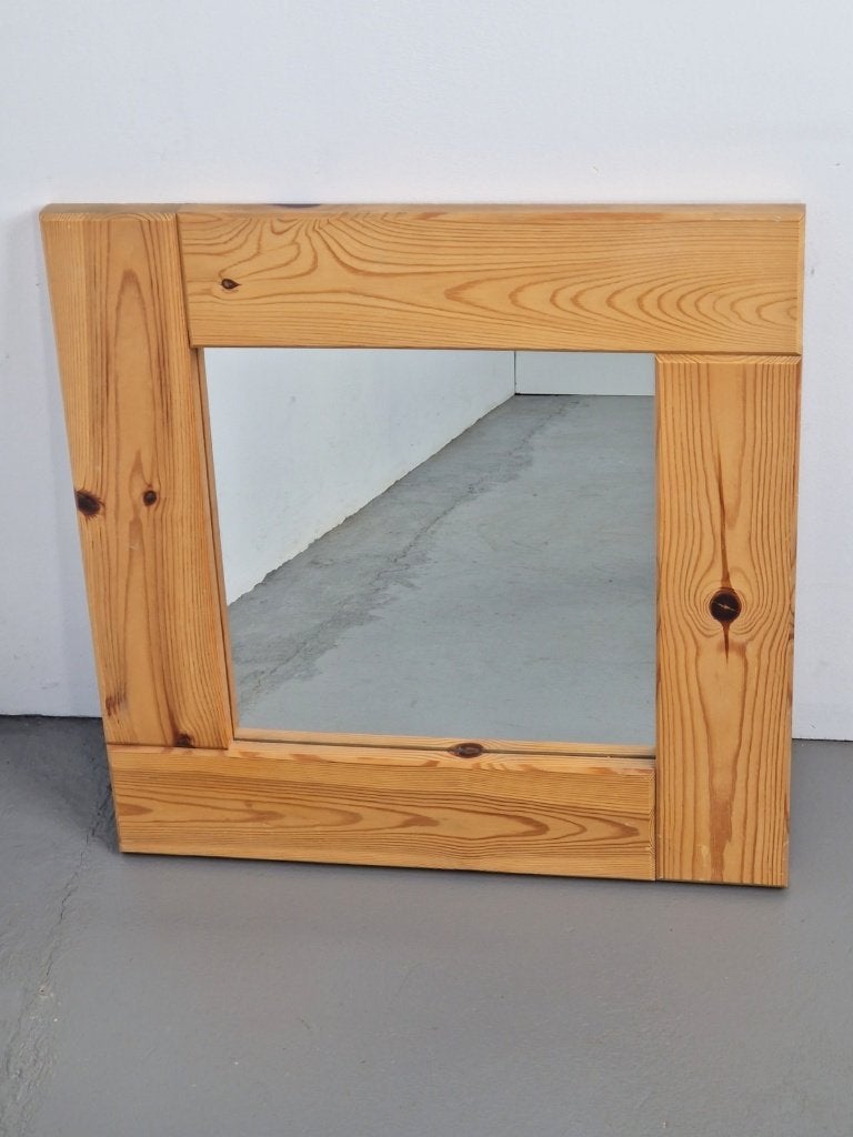 Vintage pine wood spiegel vierkant Scandinavisch ’70 retro, Huis en Inrichting, Vierkant, Ophalen of Verzenden, Zo goed als nieuw