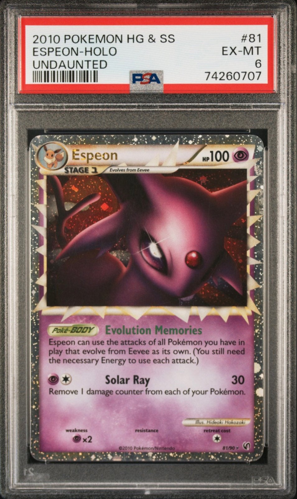 2010 Pokemon HG & SS Undaunted Espeon Holo PSA 6, Ophalen of Verzenden, Gebruikt, Losse kaart, Foil