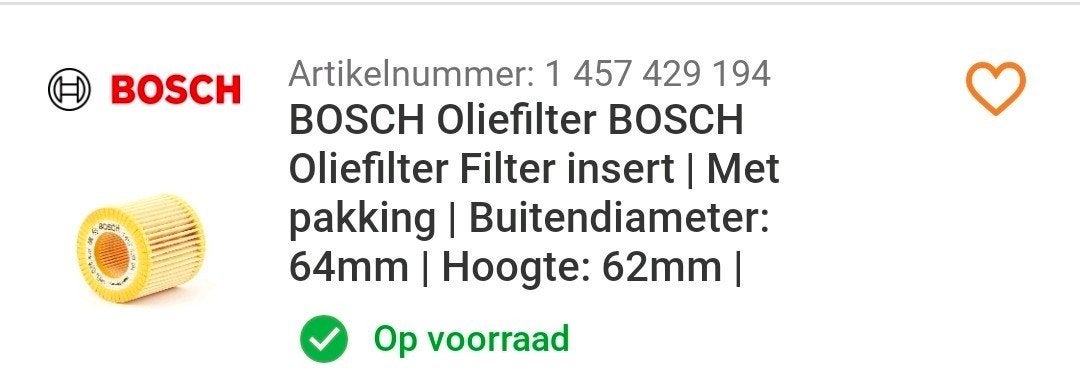 BOSCH Oliefilter Filter insert met pakking - 64x62mm, Ophalen