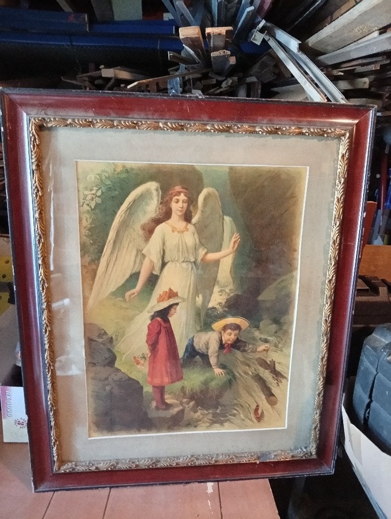 Te Koop: 2 nostalgische engelbewaarder schilderijen, Ophalen, Portret of Personen, Vintage, Achter glas