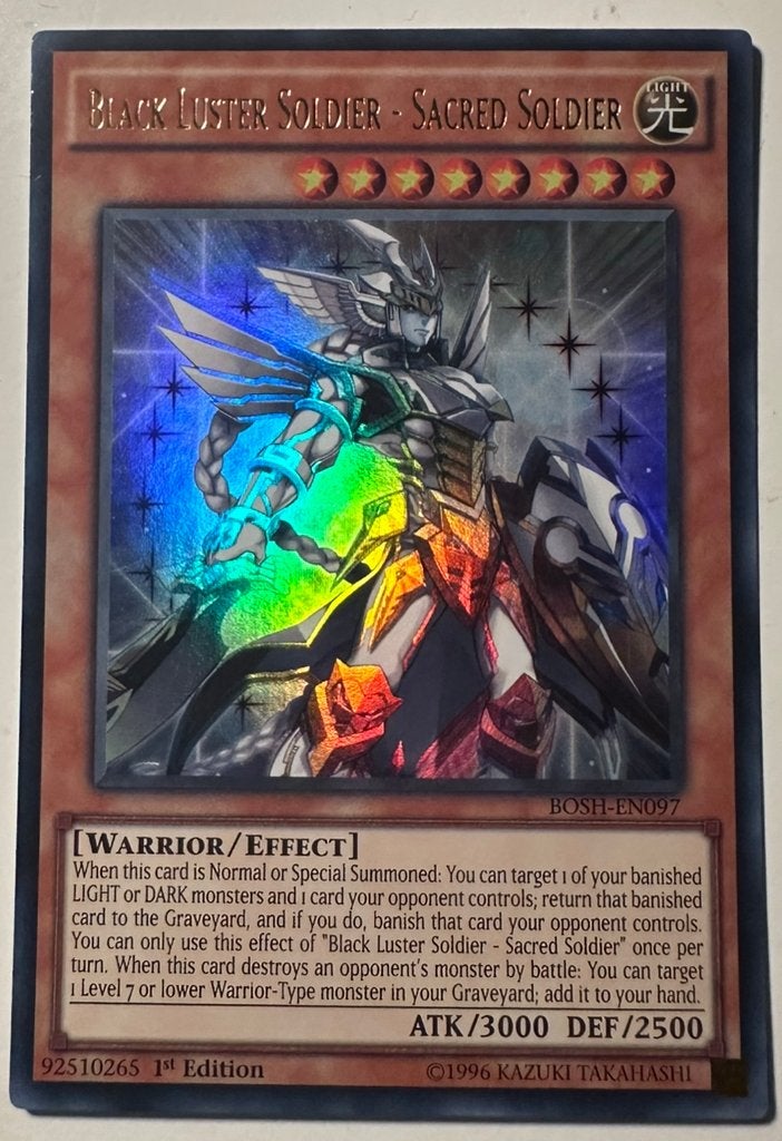 Yu-Gi-Oh! Black Luster Soldier - Sacred Soldier BOSH 1st !, Ophalen of Verzenden, Zo goed als nieuw, Losse kaart, Foil