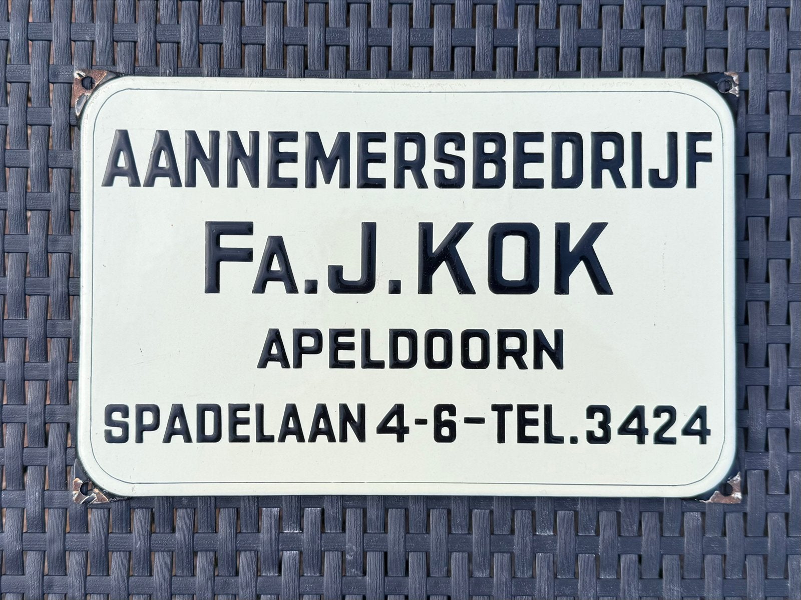 Emaille Reclamebord Aannemersbedrijf Fa. J. Kok Apeldoorn, Verzamelen, Merken en Reclamevoorwerpen, Ophalen of Verzenden, Reclamebord