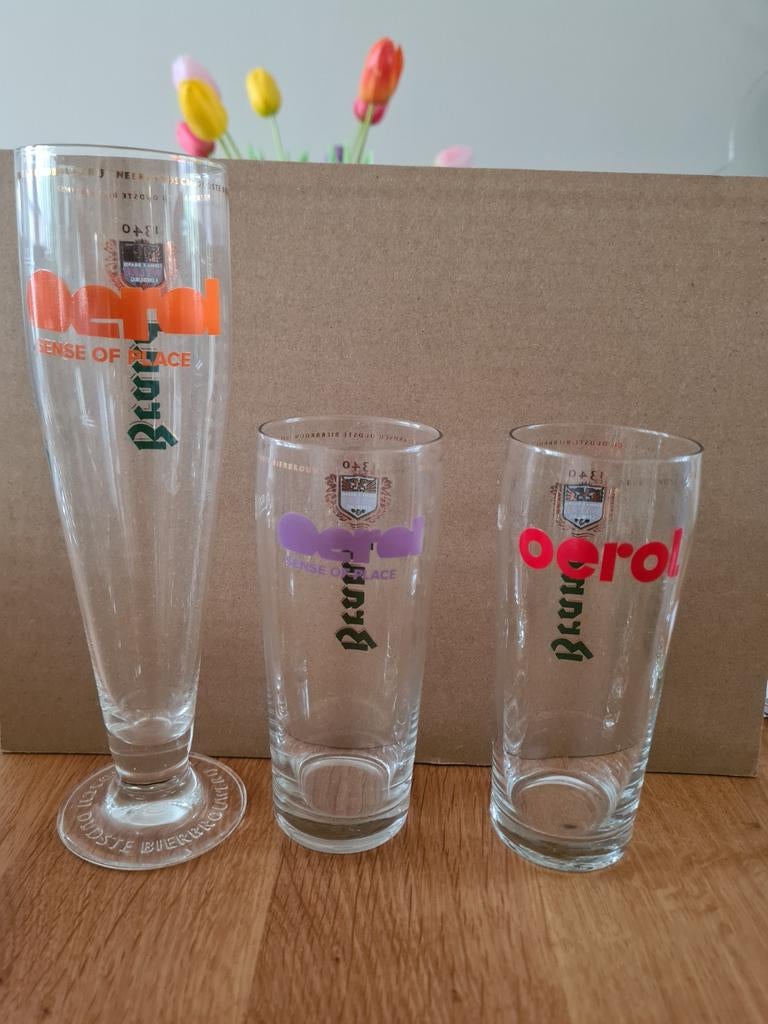 3 verschillende Brand Oerol glazen., Ophalen of Verzenden, Zo goed als nieuw, Glas of Glazen, Brand