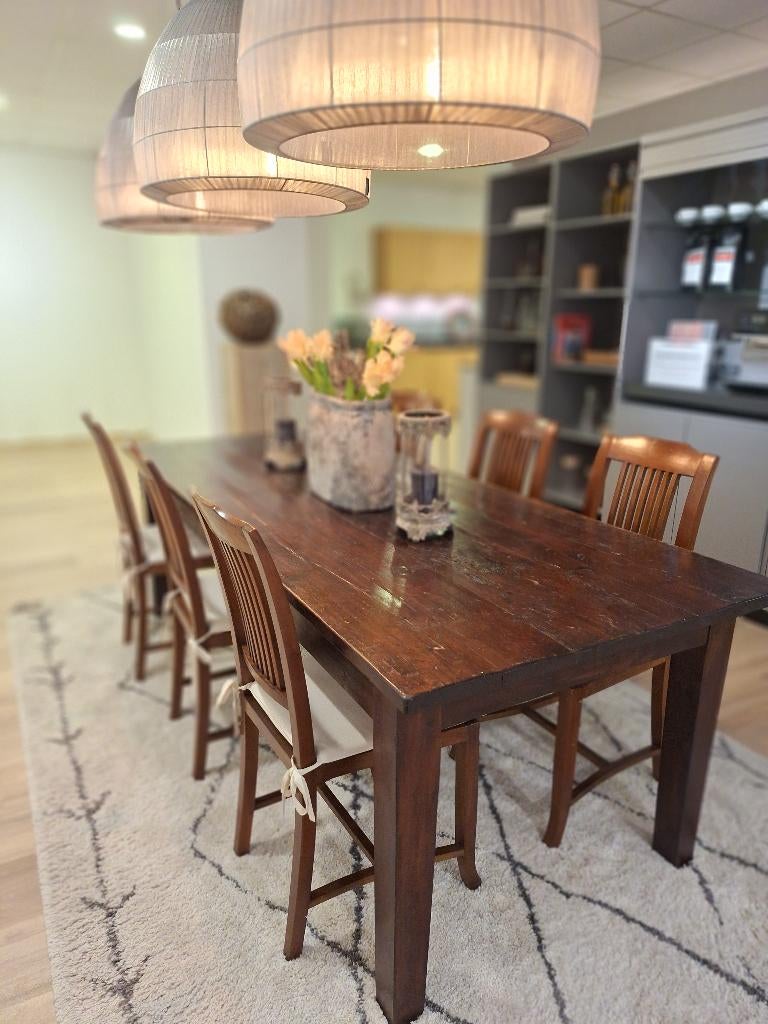 Teak houten tafel met 6 stoelen, Huis en Inrichting, Tafels | Eettafels, Ophalen, Koloniaal, 200 cm of meer, 50 tot 100 cm