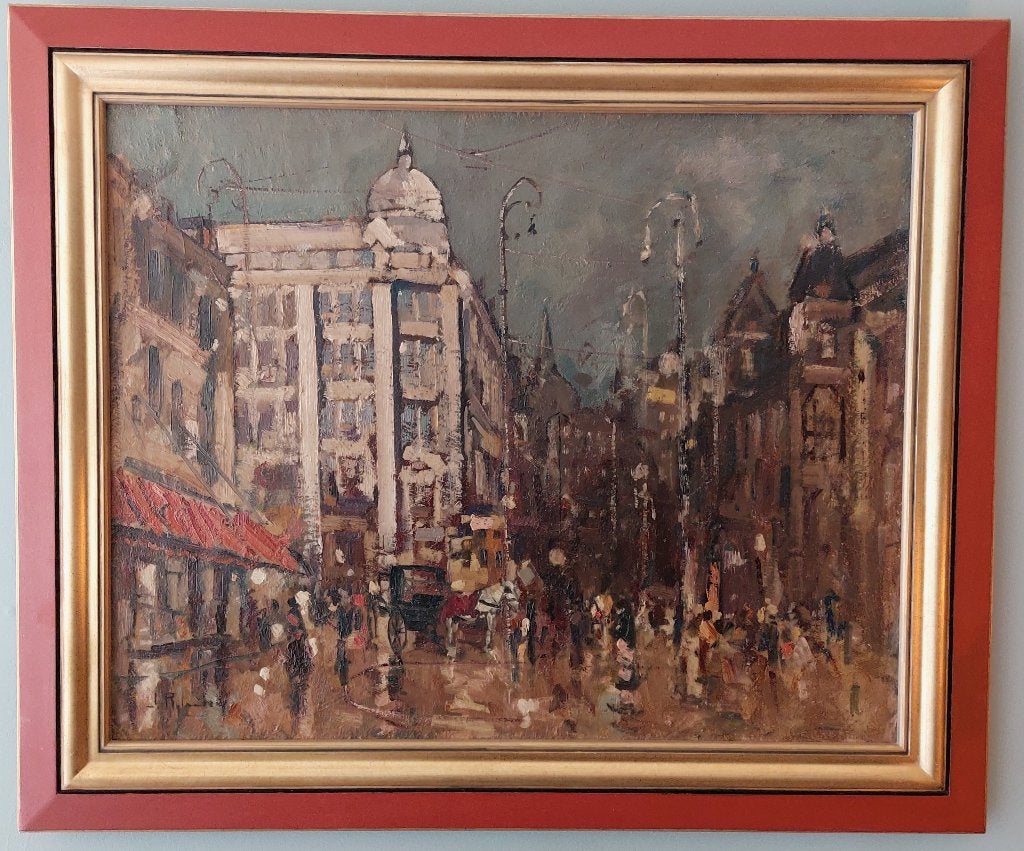 Jan Rijlaarsdam ''het Leidseplein te Amsterdam'', Antiek en Kunst, Overige ondergronden, Impressionistisch, Ophalen of Verzenden