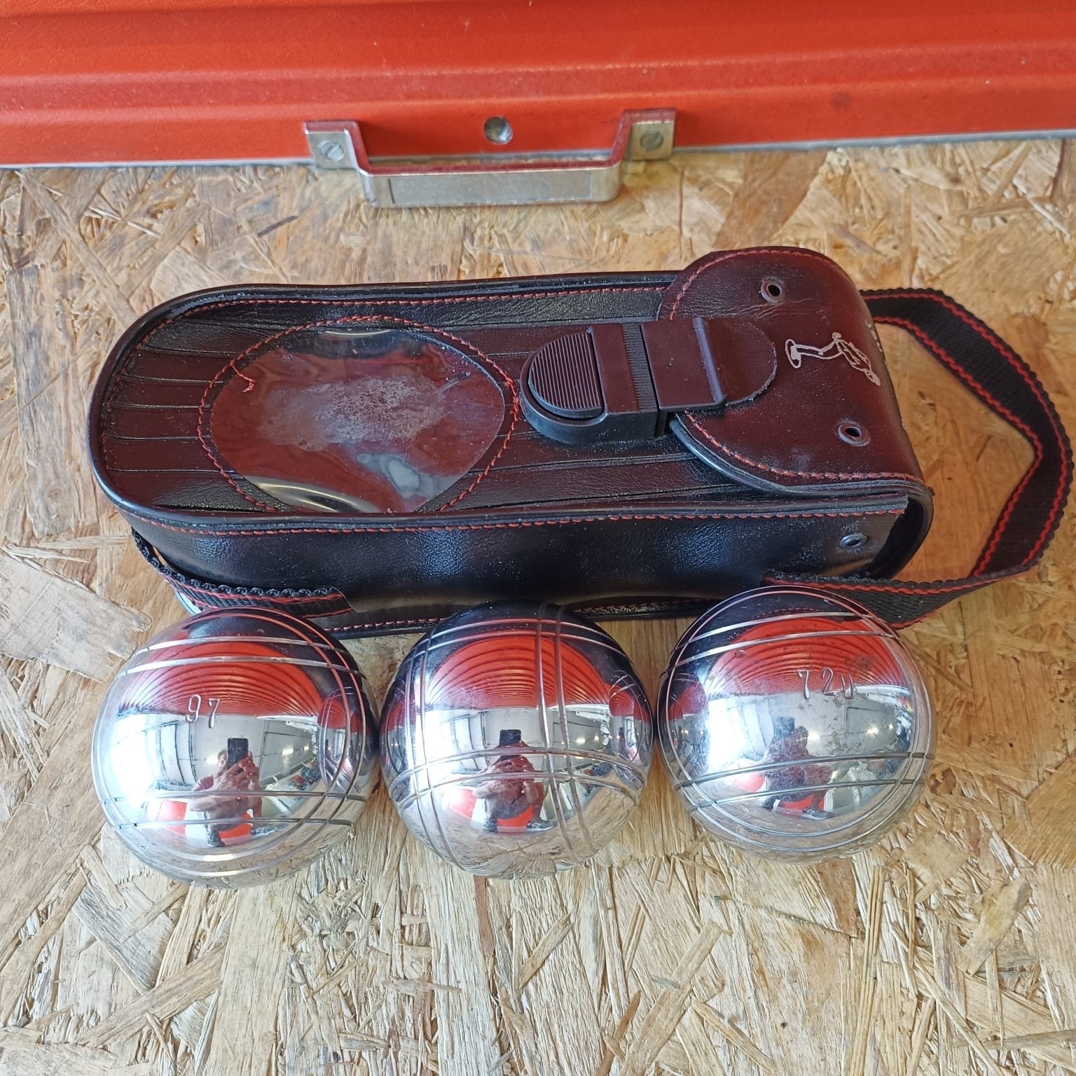 Jeu de Boules set met 3 ballen en leren etui, Ophalen of Verzenden, Gebruikt