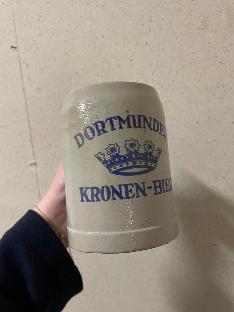 Antieke bier pul grijs met blauw Dortmunder Kronen-bier, Verzamelen, Ophalen of Verzenden, Zo goed als nieuw, Pul(len), Overige merken