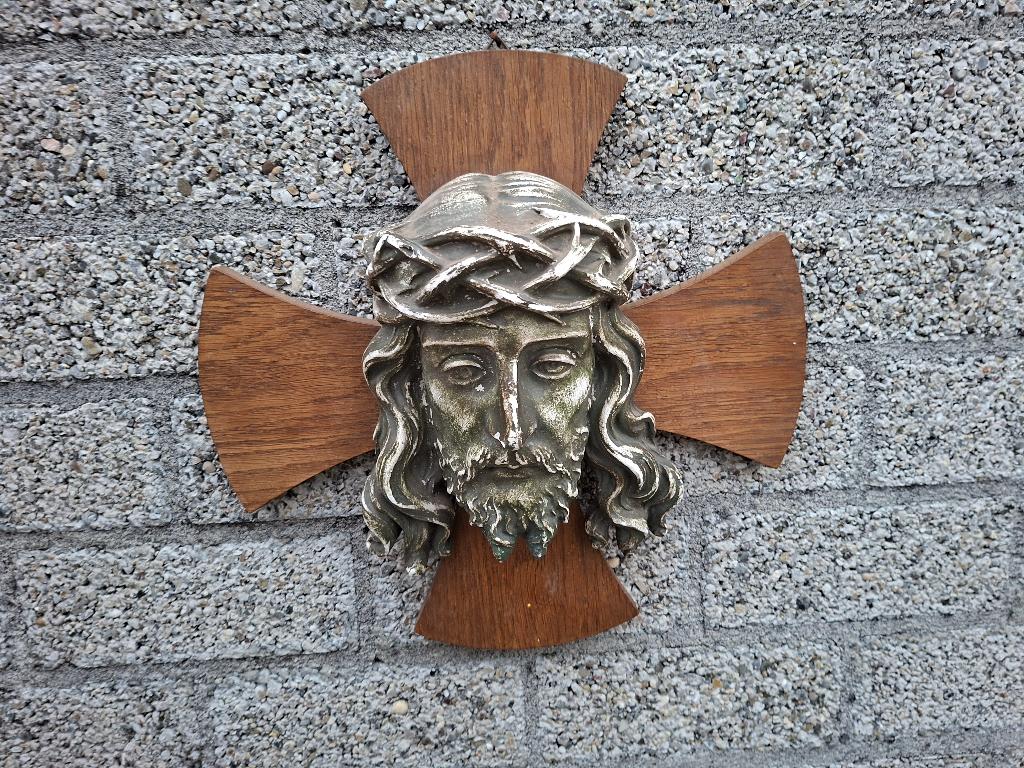 antiek houten kruisbeeld met het hooft van christus, Ophalen of Verzenden