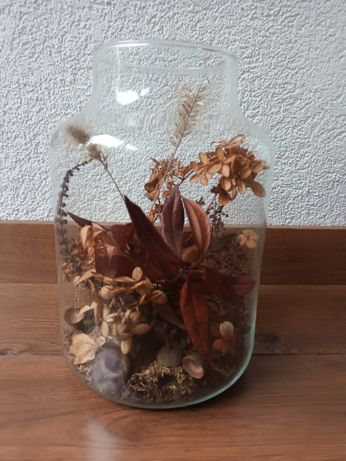 Glazen vaas glas met herfststukje droogbloemen hoogte 25 cm, Gebruikt, Overige kleuren, Ophalen of Verzenden, Glas
