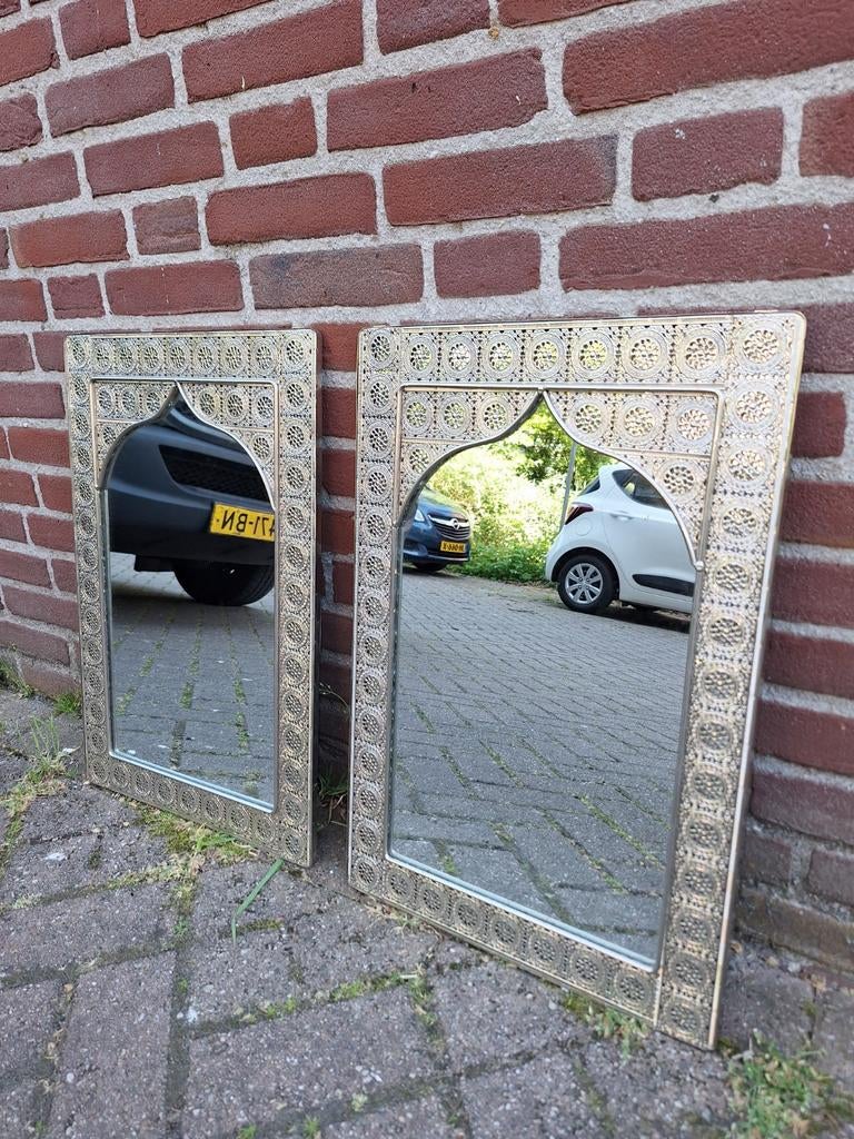 Set van 2 Marokkaanse spiegels met zilverkleurig frame, Ophalen of Verzenden, Rechthoekig, Minder dan 50 cm, Minder dan 100 cm