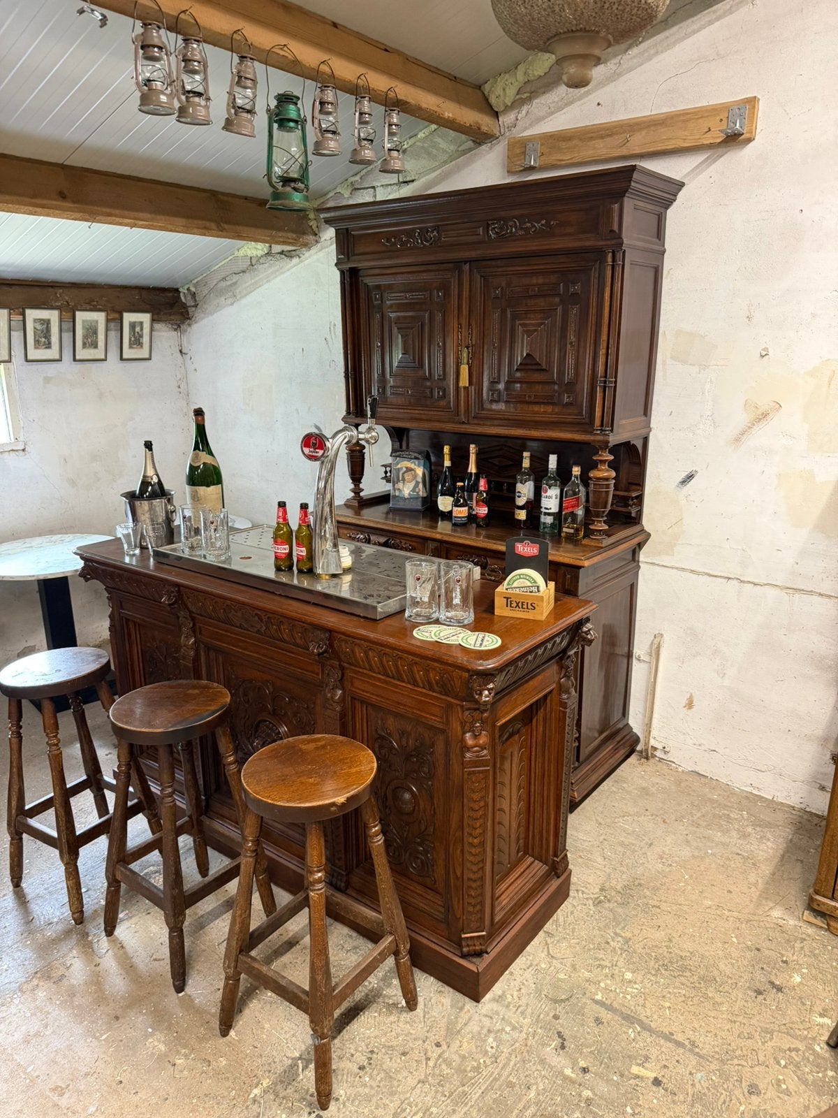 Bar toog eiken met achterkast incl rvs tap en krukken, Ophalen, M, Zo goed als nieuw, M