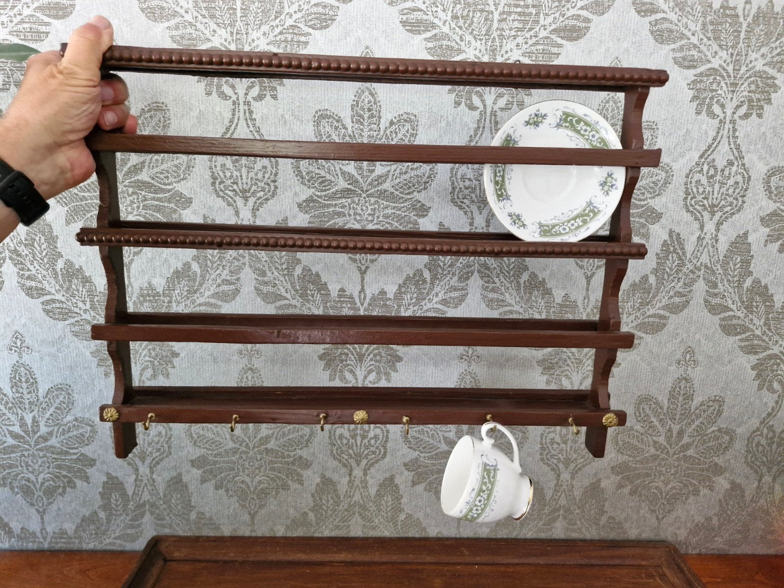 Vintage houten kop- en schotelrek (50 x 33 cm), Ophalen of Verzenden, Gebruikt