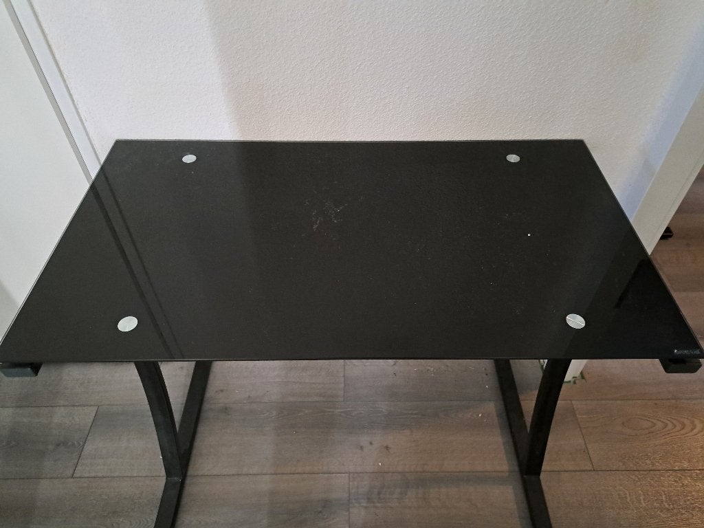 Zwart glazen bureau met metalen onderstel, Gebruikt, 50 cm, 80 cm, Ophalen of Verzenden