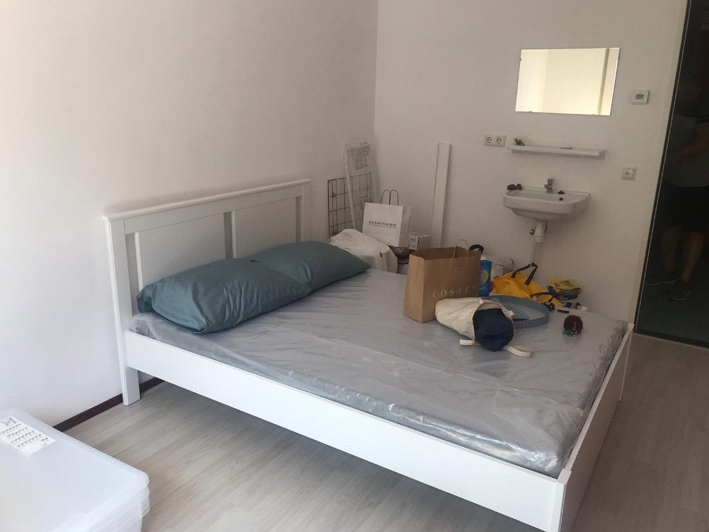 Ikea bedframe songesand 140x200, Ophalen, Gebruikt, Wit, Tweepersoons