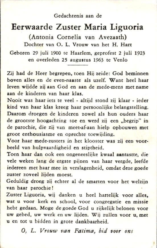 Avezaath van Antonia Cornelia Haarlem 1900-1963 Venlo, Verzamelen, Bidprentjes en Rouwkaarten, Ophalen of Verzenden