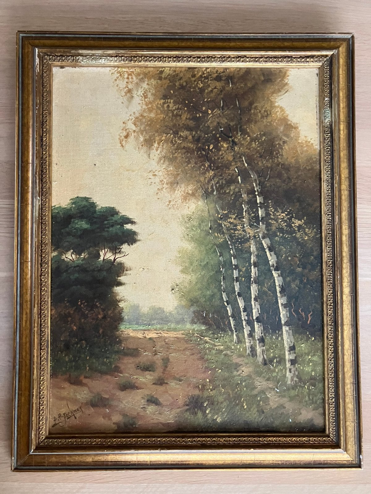 Schilderij olieverf op paneel landschap A Broekman, Paneel, Ophalen of Verzenden, Landschap, Olieverf