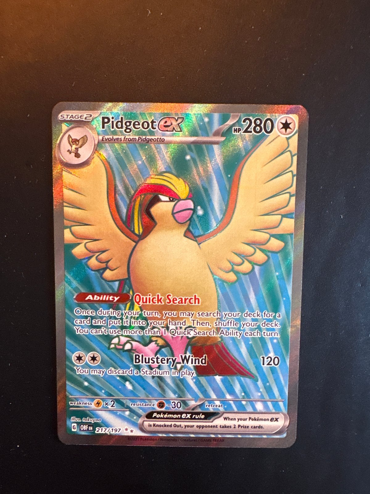 Pidgeot ex 217/197 Obsidian Flames Pokémon kaart, Ophalen, Zo goed als nieuw, Losse kaart, Foil