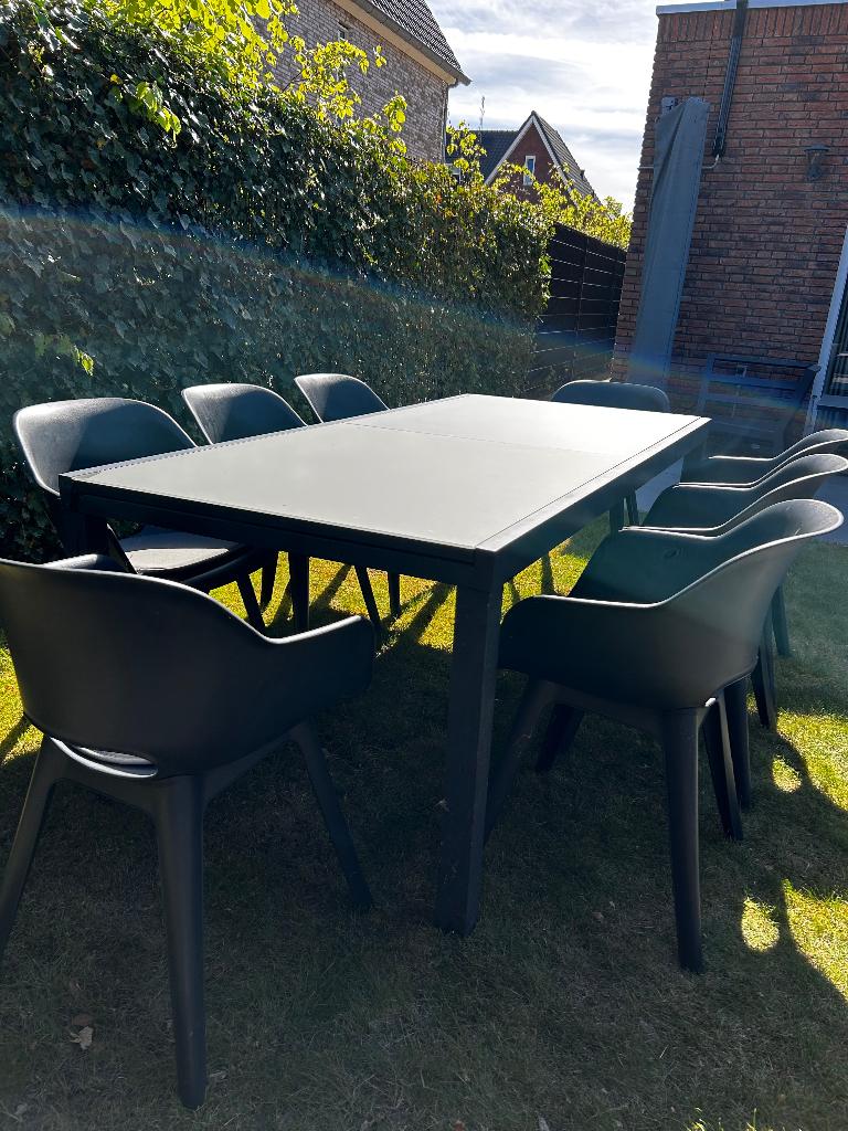 Tuinset eettafel + 8 stoelen (in-/uitklapbaar), Tuin en Terras, Tuinsets en Loungesets, Ophalen, Aluminium, Tuinset, Eettafel