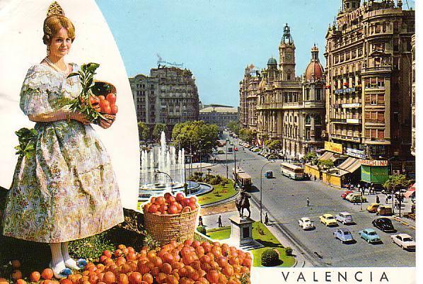 Ansichtkaart	Valencia (Spanje	2-luik	Klederdracht, Verzenden, 1960 tot 1980, Gelopen, Spanje