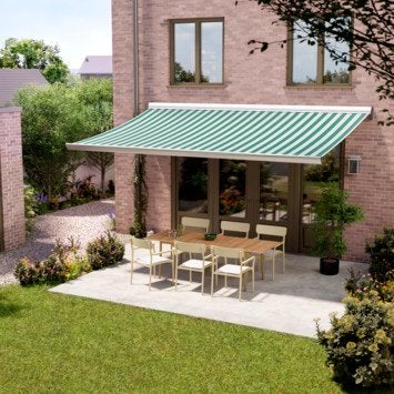 Uitvalscherm knikarm zonnescherm - groen wit gestreept 4,5m, Tuin en Terras, 450 cm of meer, Ophalen of Verzenden, Zo goed als nieuw