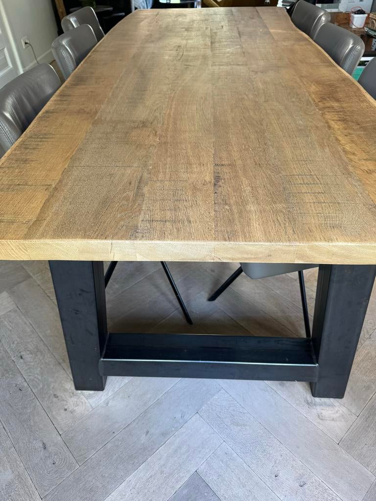 Eiken eettafel woonkamer en eetkamer stoelen grijs, Ophalen, Leer, Zo goed als nieuw, Eén
