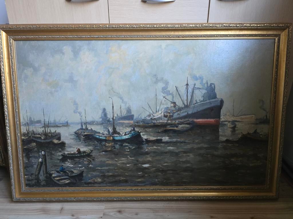 Olieverfschilderij Haven van Rotterdam - Wim Bos, Antiek en Kunst, Kunst | Schilderijen | Klassiek, Ophalen of Verzenden