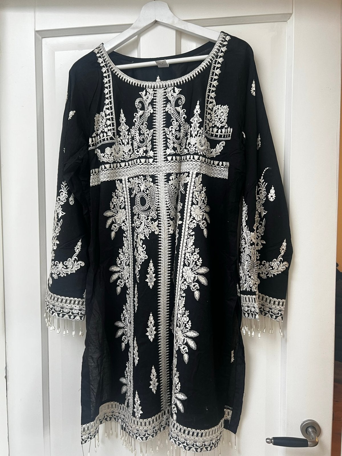 Indian bollywood salwar kameez lawn xl zwart parels 2 delig, Ophalen of Verzenden