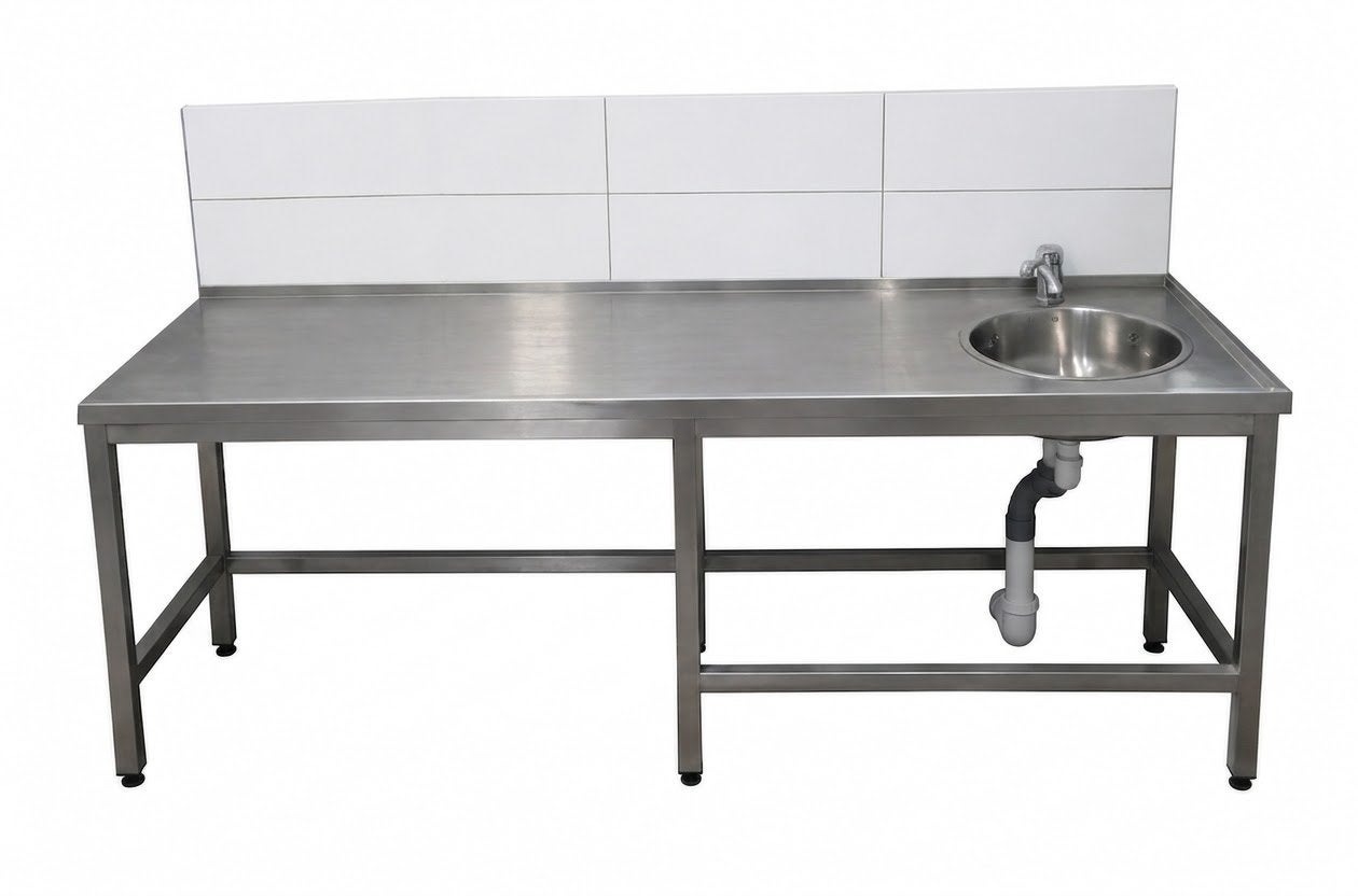 RVS Werkbank met Spoelbak - 240x60 cm, Ophalen of Verzenden, Gebruikt
