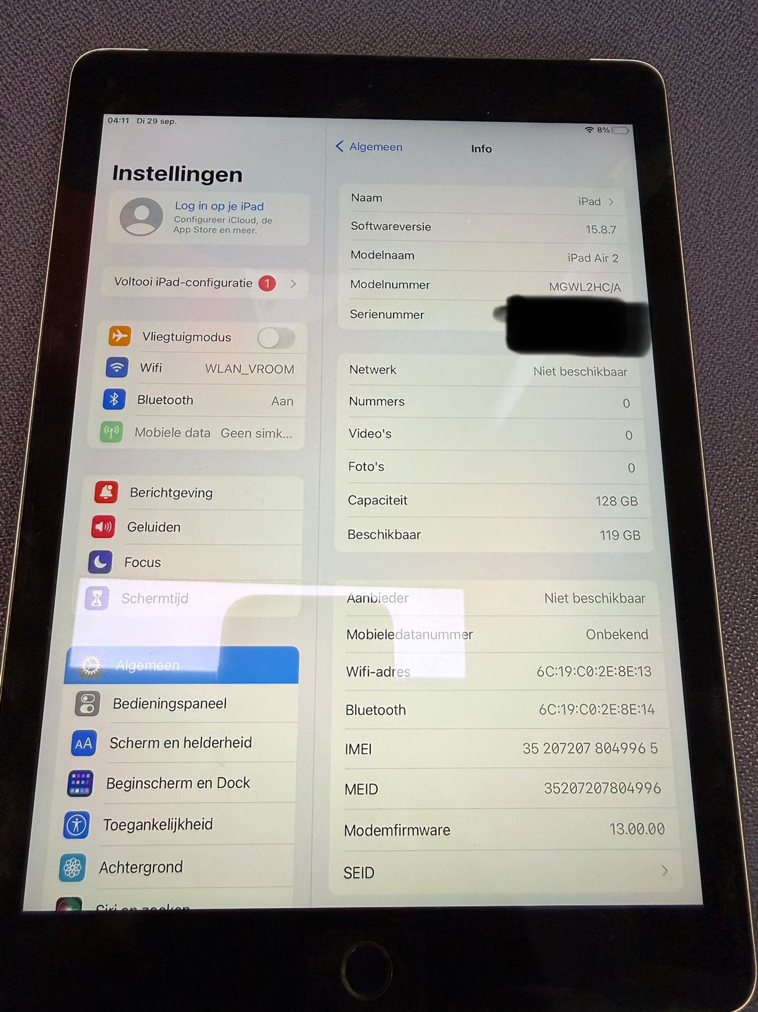 iPad Air 2 128GB Wi-Fi + Mobiel internet iOS 15.8.7