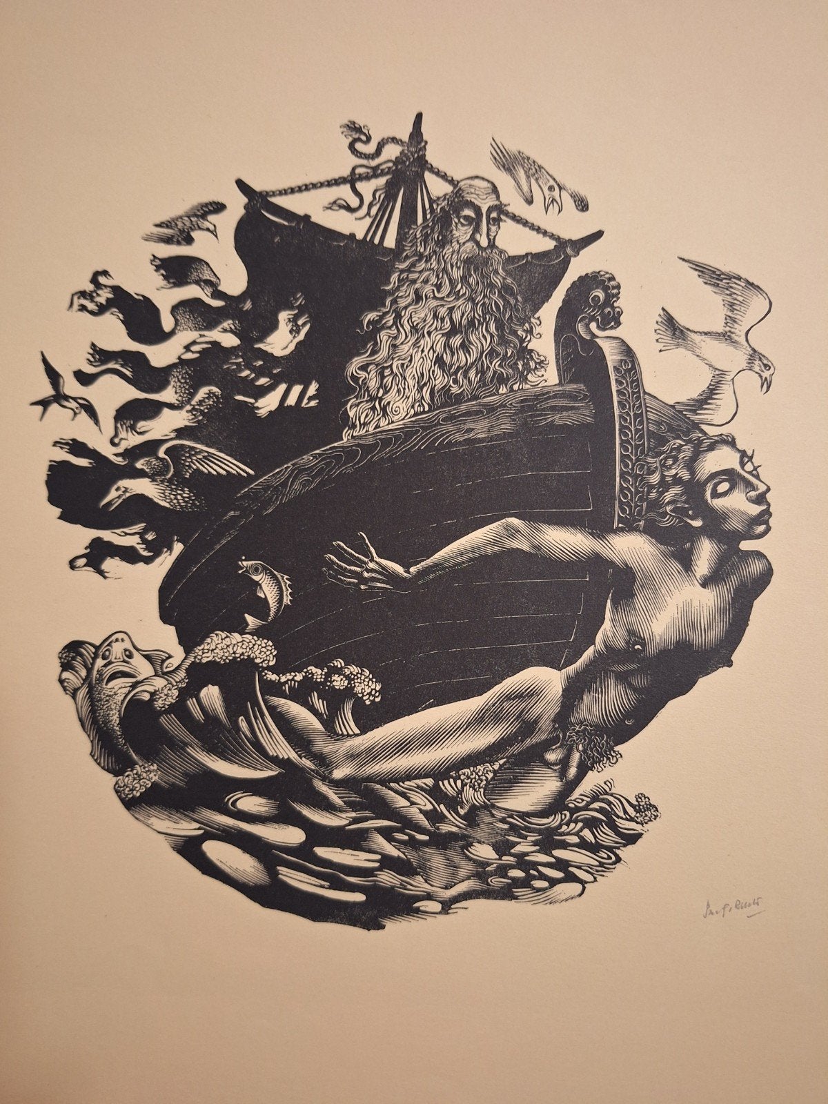 Houtsnede van Pam Rueter - Bijbelse voorstelling, Antiek en Kunst, 1950 - 1999, Religie, Ophalen of Verzenden, Houtsnede