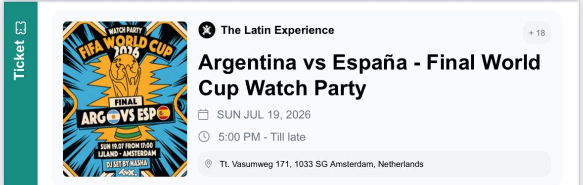 1 Ticket for Argentina vs Spain Latin Experience Amsterdam, Tickets en Kaartjes, Twee personen, Juni