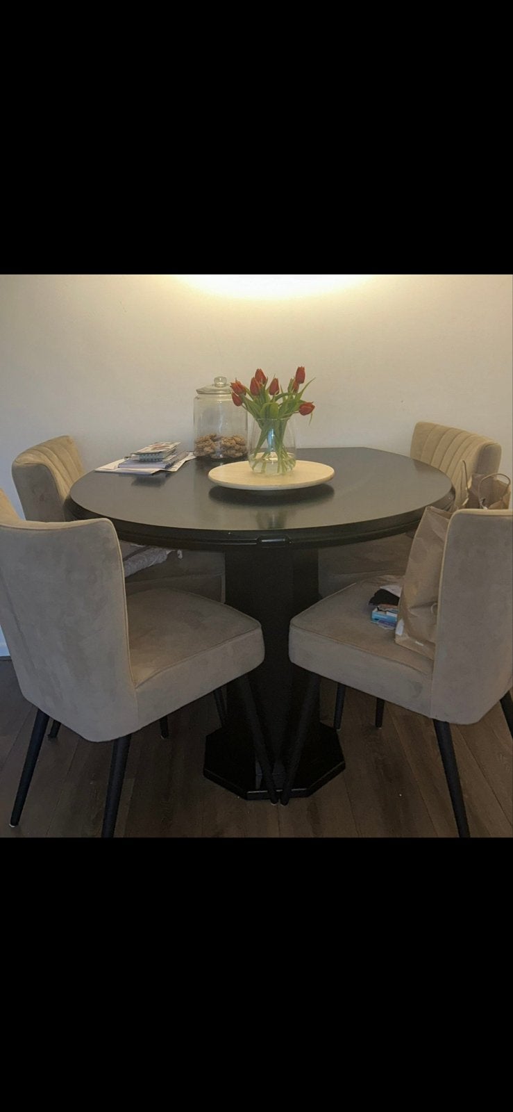 Ronde eettafel, uitschuifbaar, zwart, Ophalen, Gebruikt, 100 tot 150 cm, Rond