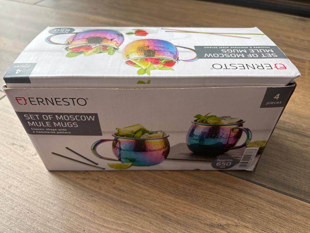 Ernesto Moscow Mule Mugs Set - 4 stuks, Regenboogkleur, Verzamelen, Glas en Borrelglaasjes, Ophalen of Verzenden, Zo goed als nieuw