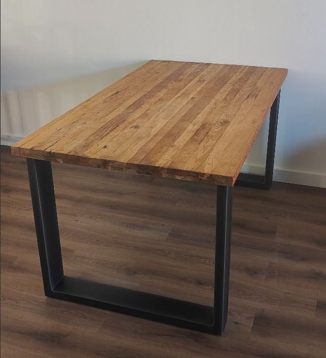 Teakhouten Eettafel 160 cm – Stoer Industrieel, Ophalen, Teakhout, 50 tot 100 cm, Zo goed als nieuw