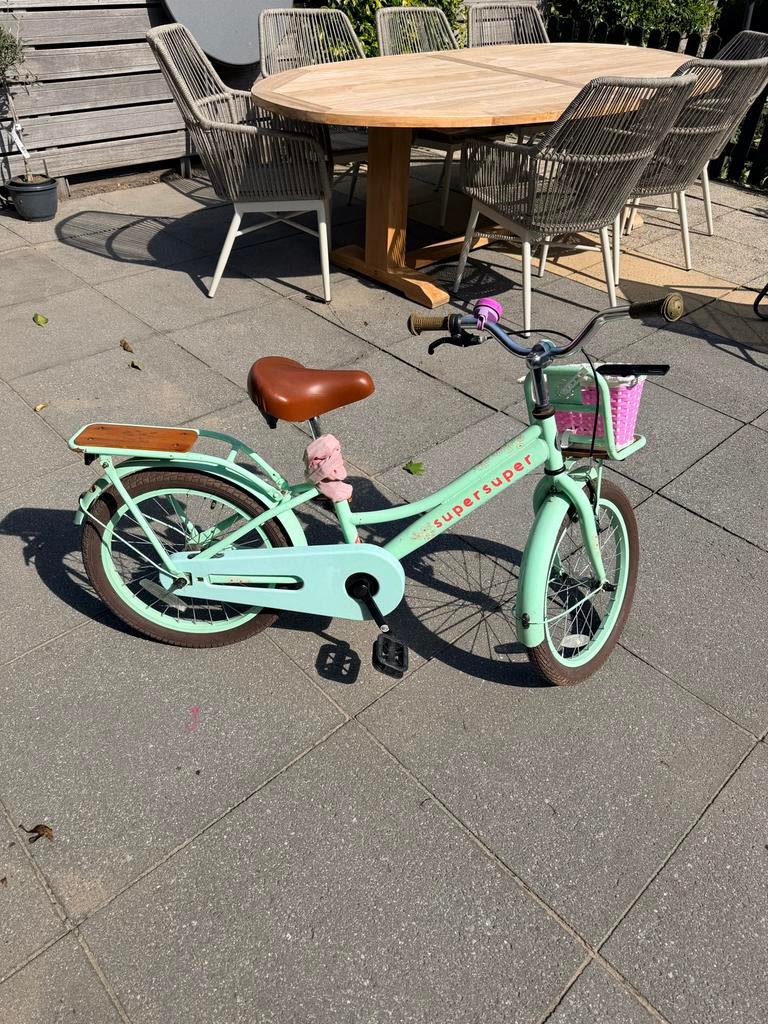 Super meisjes kinderfiets 18 inch - Mintgroen met mandje, Ophalen, Gebruikt, Terugtraprem, 16 tot 20 inch
