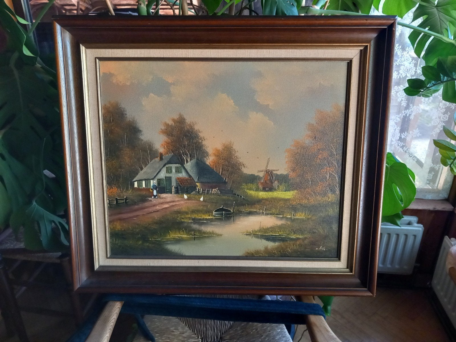 Schilderij Hollands Landschap met Molen en Boerderij, Ophalen of Verzenden