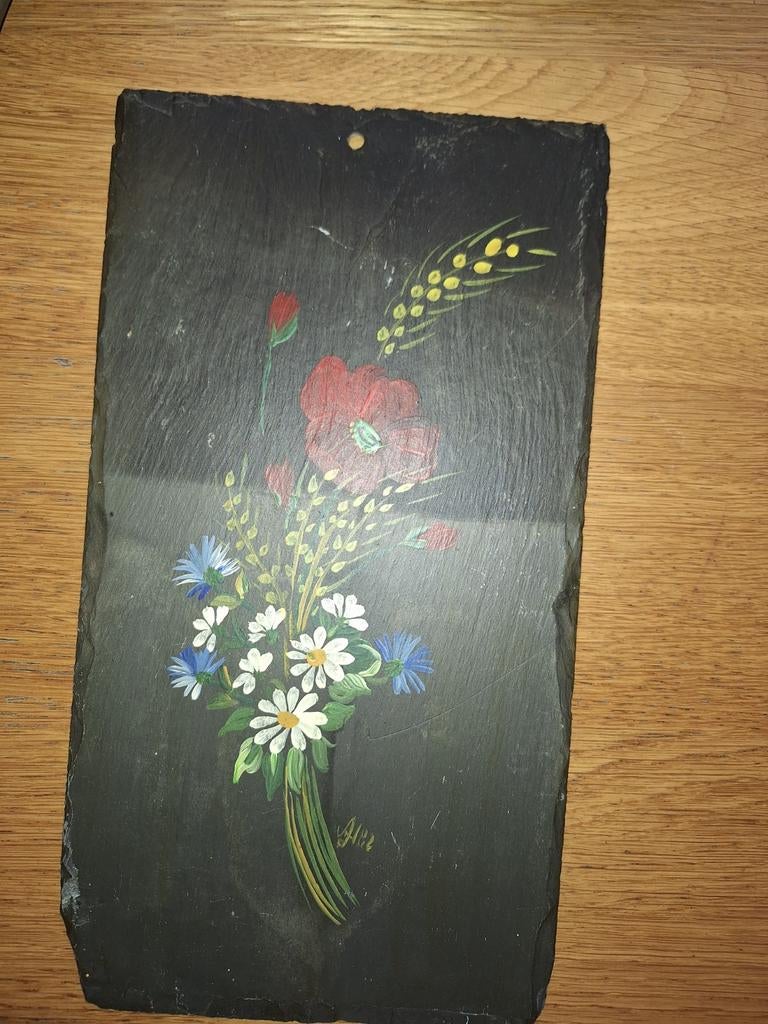 Handgeschilderde leisteen met bloemenboeket, Antiek en Kunst, Ophalen of Verzenden