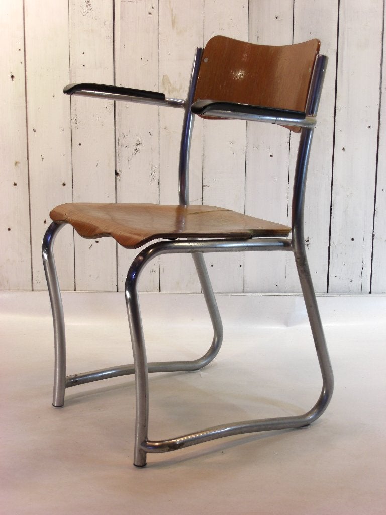 Industriële kapper Vintage kappersstoel met Chrome buis, Ophalen, Gebruikt, Hout, Gispen