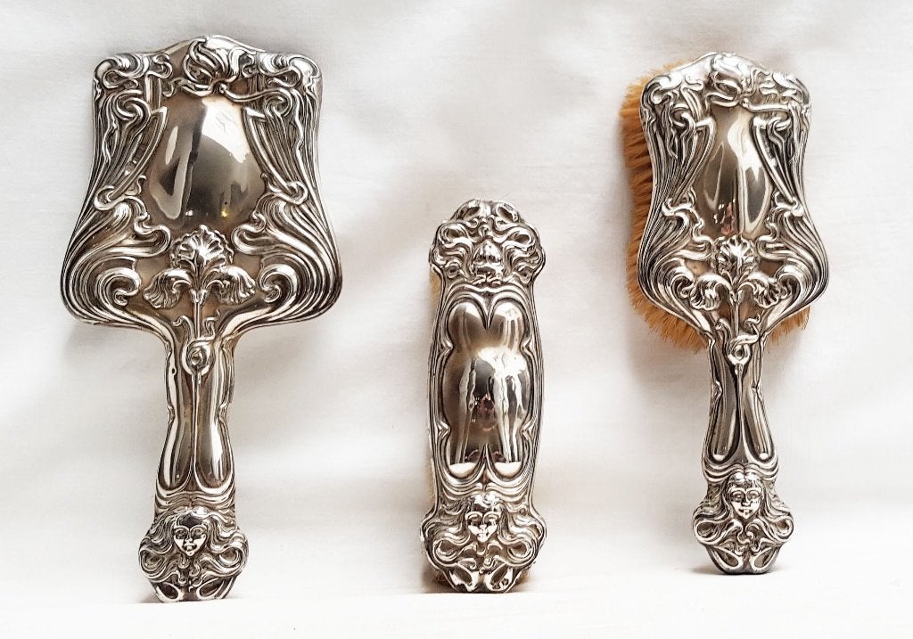 Driedelig Art Nouveau Toiletset - Zilver - Birmingham C&B., Antiek en Kunst, Ophalen of Verzenden, Zilver