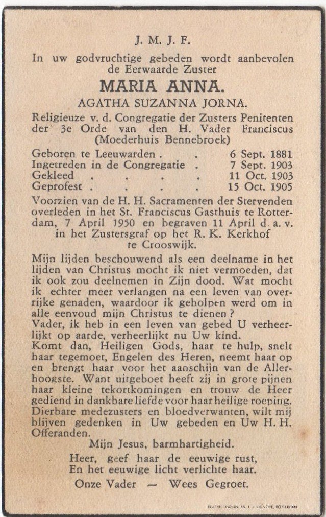 zr. Agatha S. Jorna 1881 Leeuwarden + 1950 Rotterdam, 68 jr, Verzamelen, Bidprentjes en Rouwkaarten, Verzenden