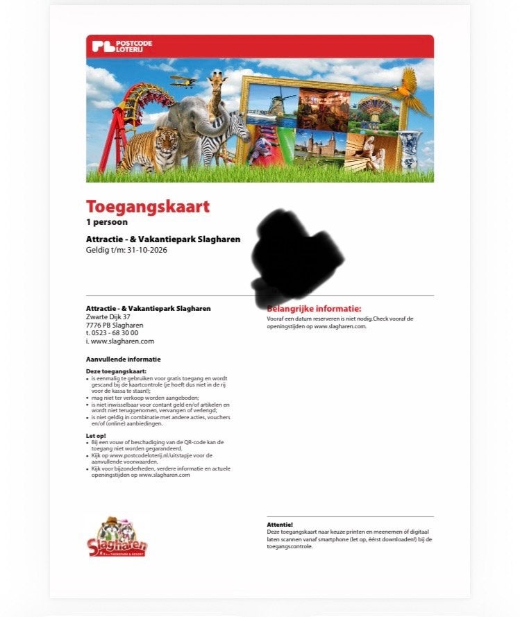 Slagharen 4 toegangskaartjes, Drie personen of meer, Ticket of Toegangskaart